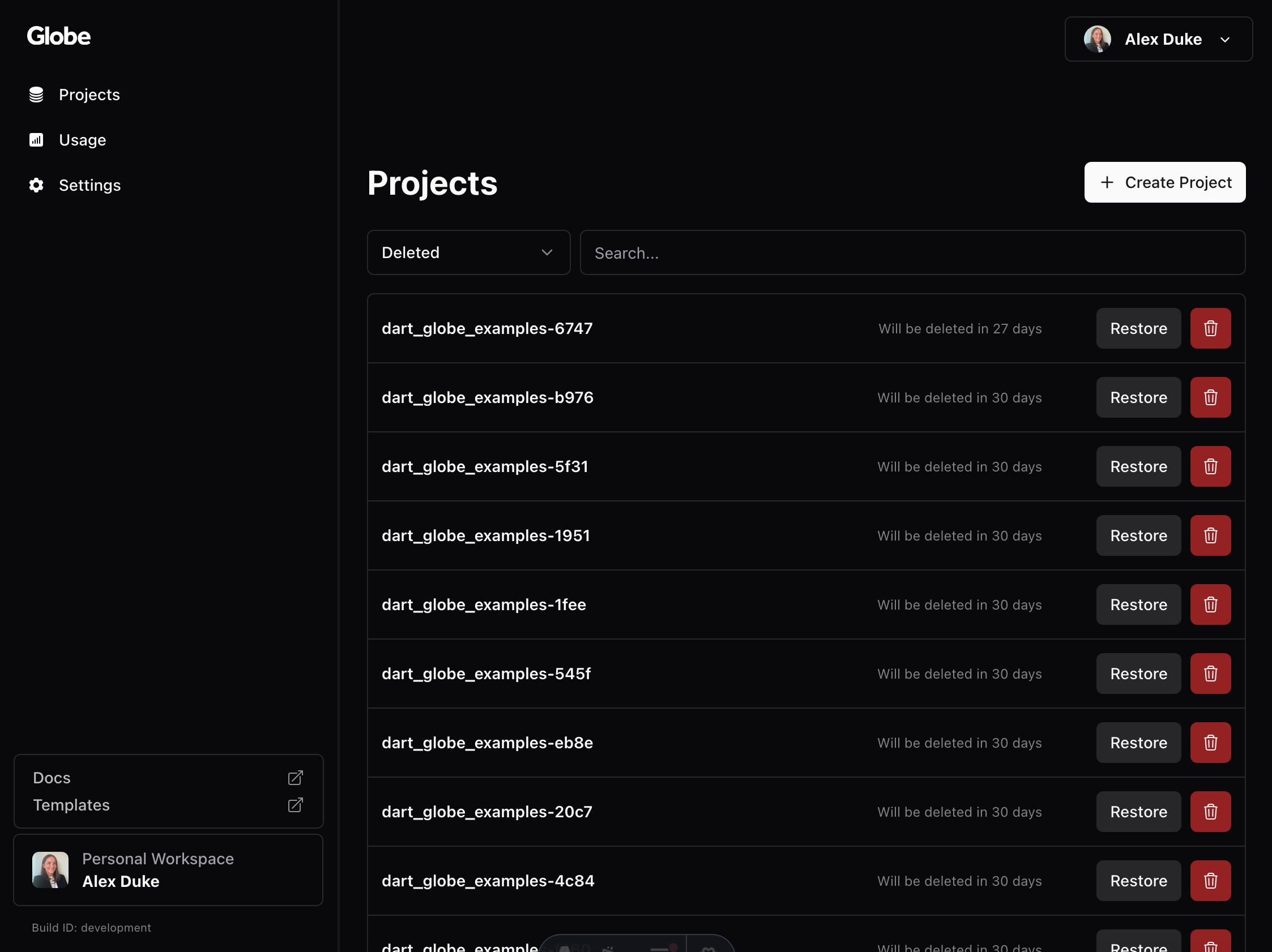 Restore all projects within 30 days